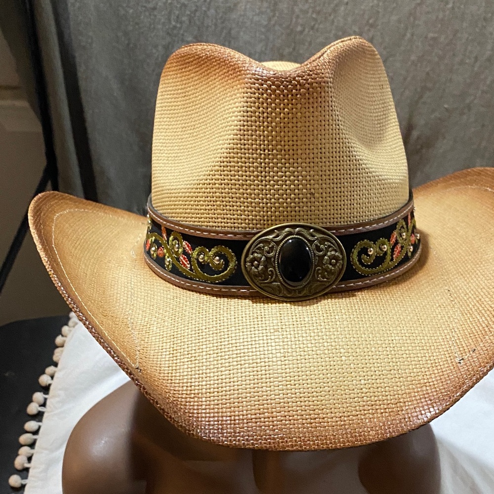 Stylish Tan Western Hat with Embellished Band